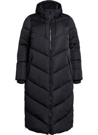 Long puffer coat with hood and pockets