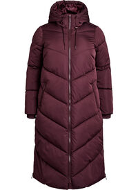Long puffer coat with hood and pockets