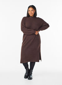 Long knitted dress with high neck, Brown, Model