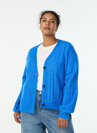 Cardigan with a ribbed texture and balloon sleeves, Light Blue, Model