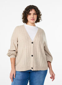 Cardigan with a ribbed texture and balloon sleeves, Beige, Model