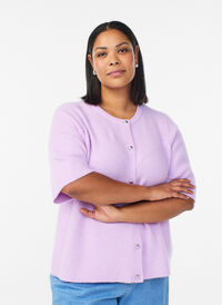 Short-sleeved knit cardigan with shiny ball buttons, Purple, Model