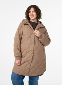 Mid-length quilted jacket with a hood, Brown, Model