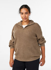 FLASH - Knitted sweater with high neck and zipper, Brown, Model