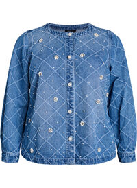 Denim shirt with destroyed pattern and pearl details