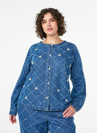 Denim shirt with destroyed pattern and pearl details, Light Blue, Model