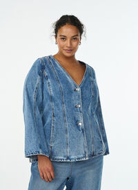 Denim jacket with shaping seams and a V-neck, Blue, Model