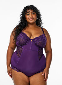 Lace and microfibre bodystocking with underwire, Purple, Model