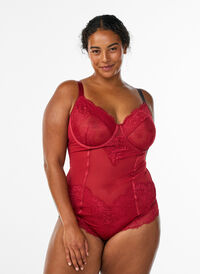 Mesh bodysuit with lace and underwire, Red, Model
