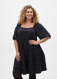 Short corduroy dress with square neckline, Black, Model