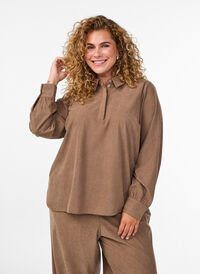 Long-sleeved shirt blouse in corduroy, Brown, Model