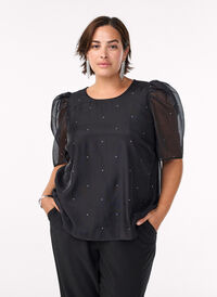 Party blouse in organza-look with dots, Black, Model