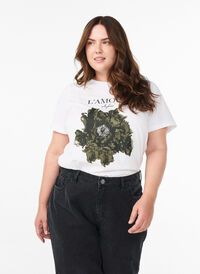 Cotton t-shirt with front print, White, Model