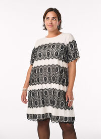 Short dress with contrasting lace panels, Beige, Model