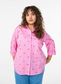 Shirt blouse with stripes and hearts, Pink, Model