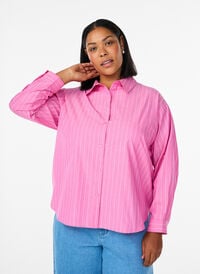 Shirt blouse with pinstripes and tie detail at the back, Pink, Model
