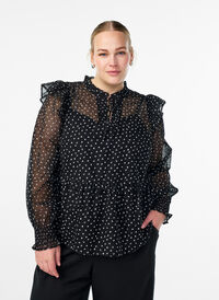 Chiffon blouse with ruffle details and small dots, Black, Model