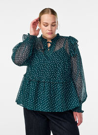 Chiffon blouse with ruffle details and small dots, Green, Model