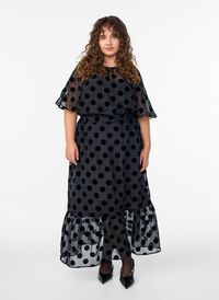 Midi skirt in organza-look with velvet dots, Black, Model