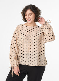 Blouse with dots and tie details, Beige, Model