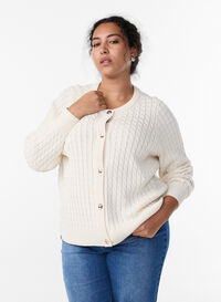 Cable knit cardigan with golden buttons, Vanilla, Model