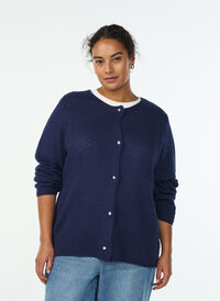 Structured knit cardigan with ball-shaped buttons, Blue, Model