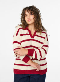 Striped knit blouse with a polo collar, Vanilla, Model