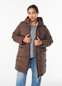 Puffer coat with hood and pockets, Brown, Model