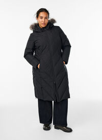 Long winter coat with hook fastenings and a faux fur collar, Black, Model