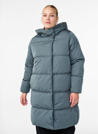 Long hooded puffer jacket, Blue, Model
