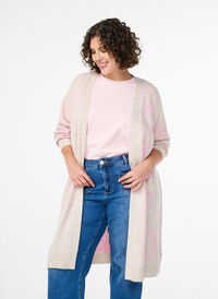 Long cardigan with tone-on-tone hearts, Beige, Model