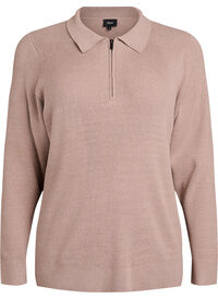 Rib-knitted pullover with polo collar and zip