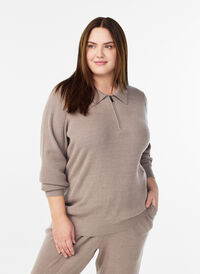 Rib-knitted pullover with polo collar and zip, Beige, Model