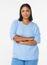 Knitted blouse with textured pattern and short sleeves, Light Blue, Model