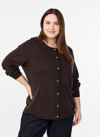 Fine-knit cardigan with ball buttons, Brown, Model