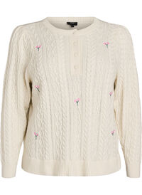 Knit blouse with cable pattern and embroidered flowers