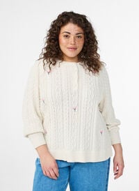 Knit blouse with cable pattern and embroidered flowers, White, Model