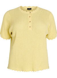 Short-sleeved knit blouse with openwork pattern and wavy edges