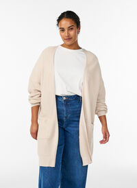 Long rib-knitted cotton cardigan, Beige, Model