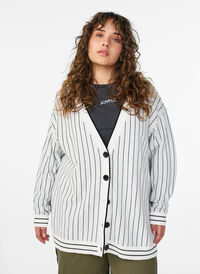 Knitted cardigan with stripes and a back motif, White, Model