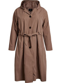Trench coat with hood and tie belt