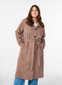 Trench coat with hood and tie belt, Brown, Model
