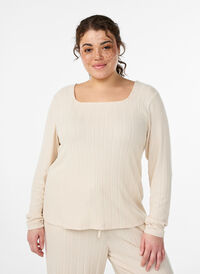 Jersey blouse with a square neck and ribbed texture, Beige, Model