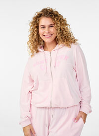 Soft velour hoodie with zipper, Rose, Model