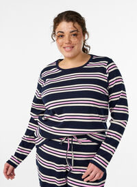 Long-sleeved night top in ribbed jersey with stripes, Blue, Model